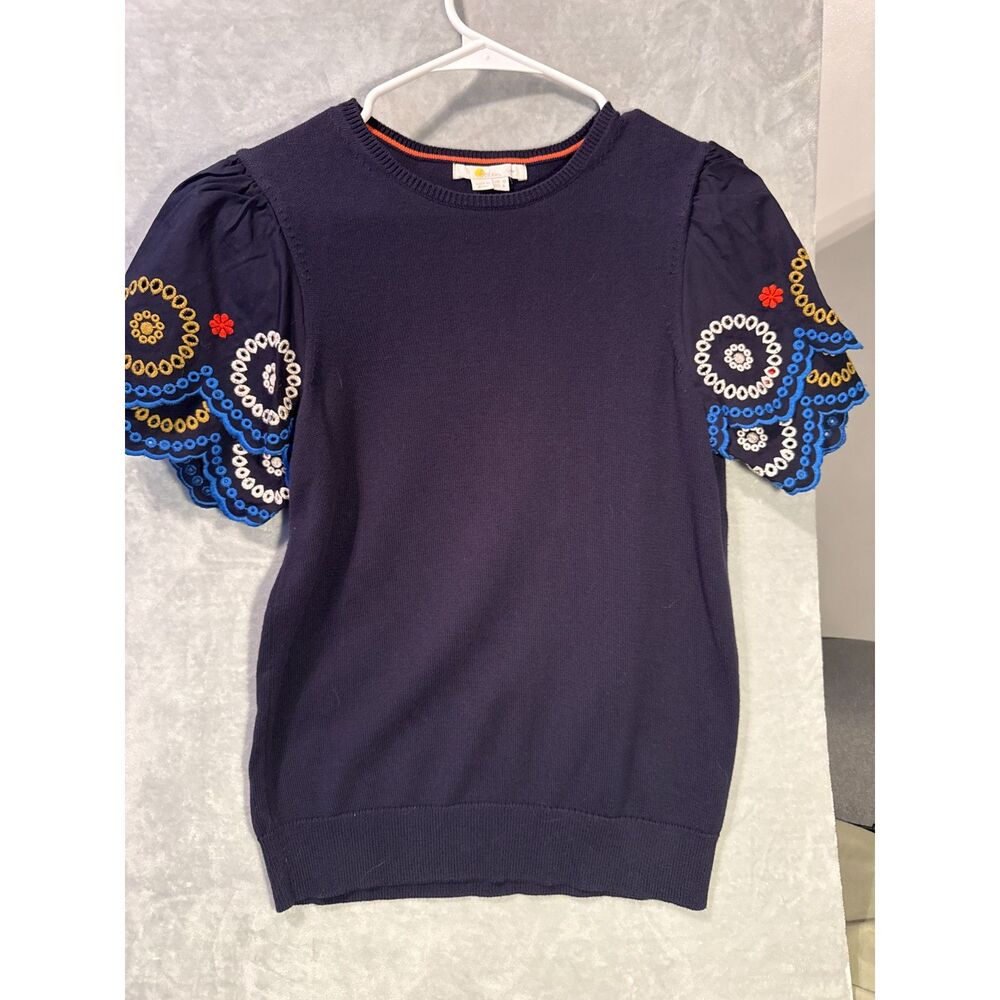 Boden Navy Knit Short Sleeve Top Embroidered Puff Sleeve Scallop Cuff US 6